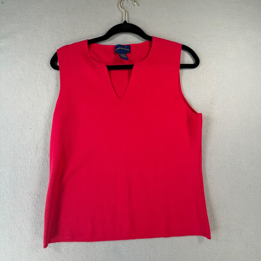 Charter Club Women L Pink Pima Cotton Knit Tank Top V-Neck Sleeveless Shell Top
